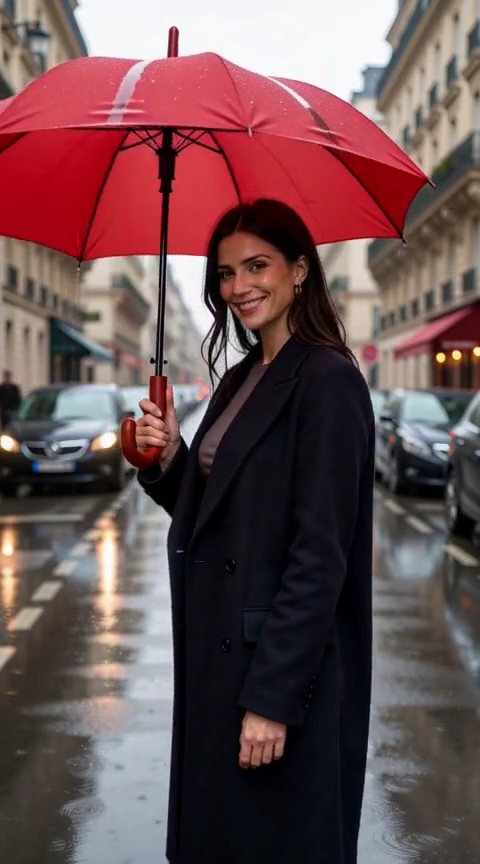 Frame from a Swaplse V2 clip: a dark-haired woman in a long dark coat standing on a wet street holding an open red umbrella