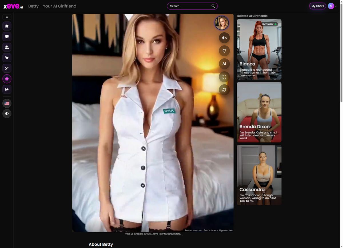 Betty in a white nurse outfit after I asked for it in the Xeve.ai chat, with the loop action button on the right