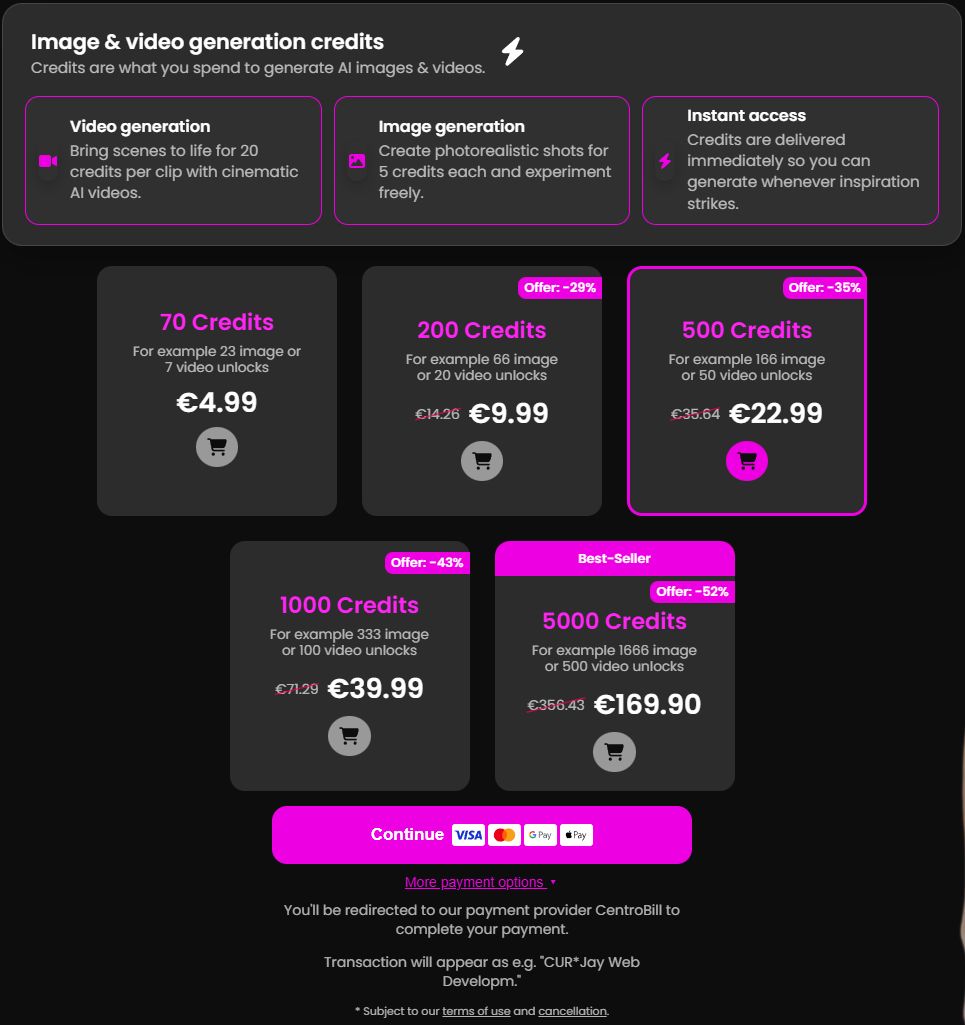 Xeve.ai credit shop: 70, 200, 500, 1000 and 5000 credit packs with example image and video counts under each