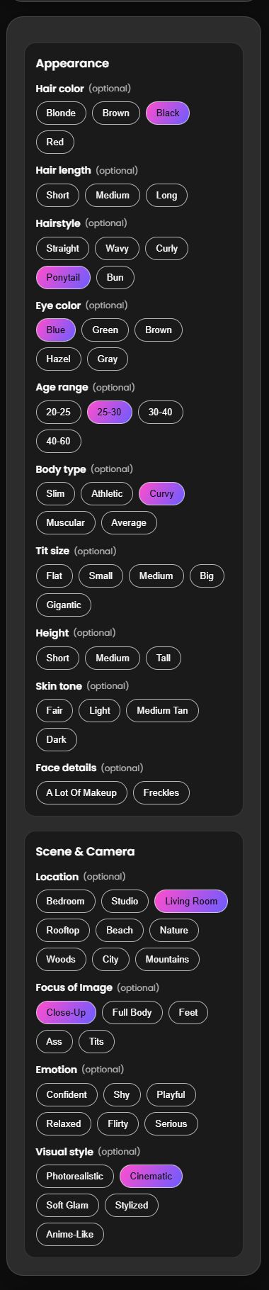 Xeve.ai image generator settings with Black hair, Ponytail, Blue eyes, 25-30, Curvy, Living Room, Close-Up and Cinematic selected