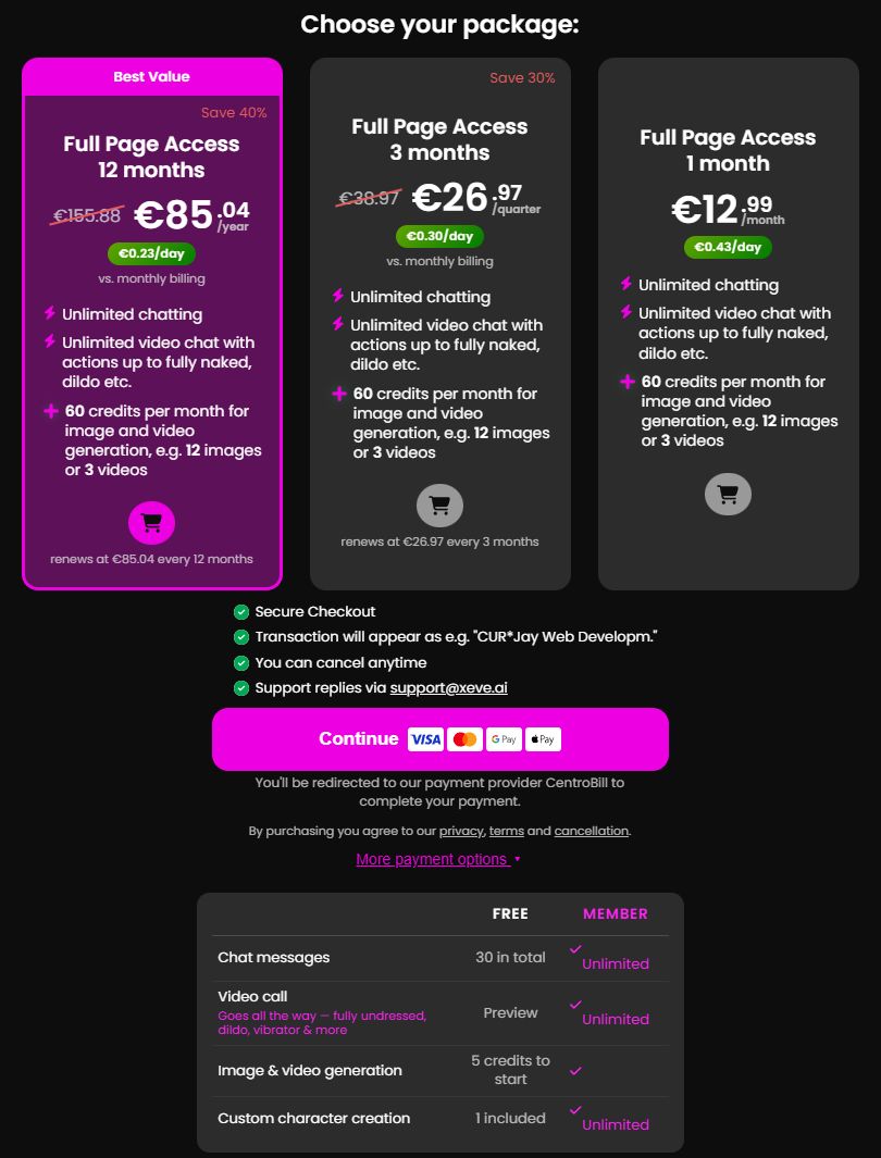 Xeve.ai membership checkout with 12 months at 85.04 a year, 3 months at 26.97 a quarter and 1 month at 12.99, each with unlimited chatting and 60 credits per month