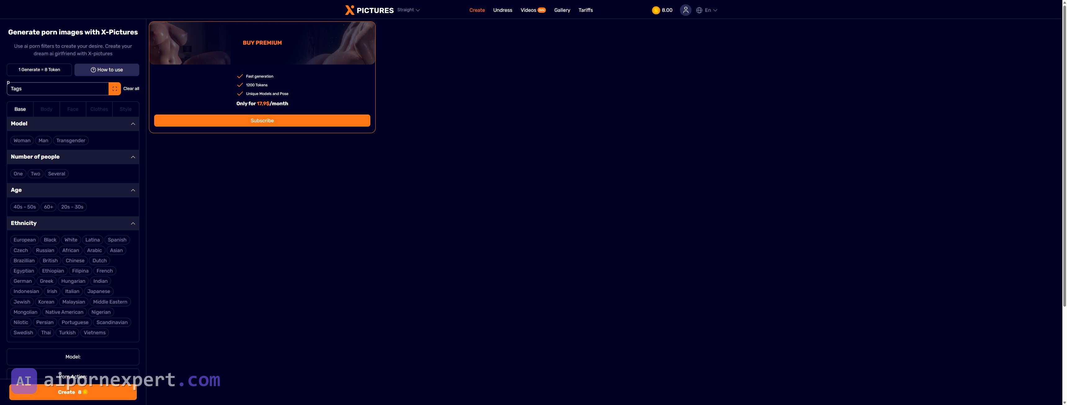 X-Pictures Create page logged in showing style and filter controls plus the Create 8 token button