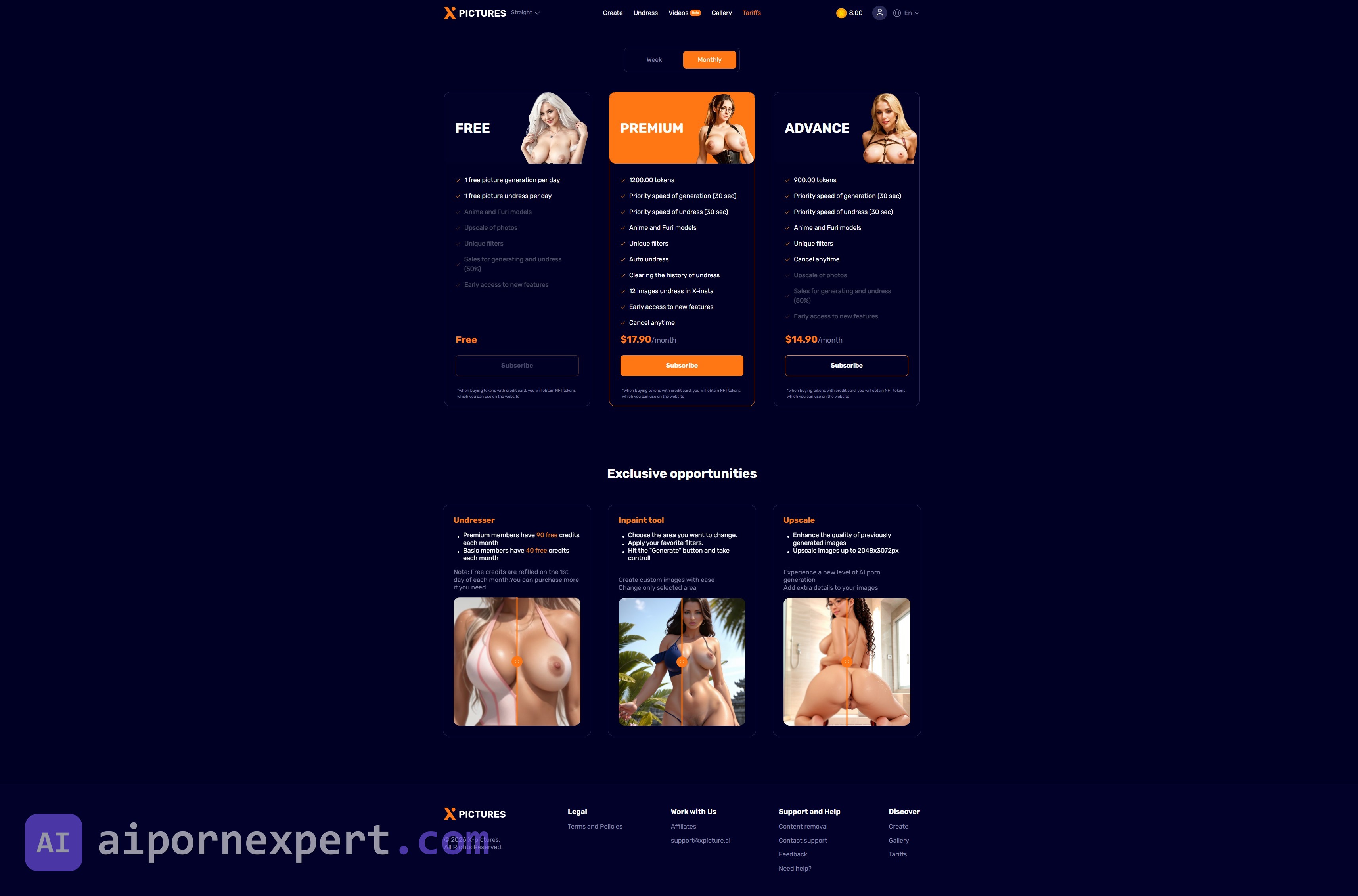 X-Pictures monthly pricing page showing Free, Advance 14.90 monthly, and Premium 17.90 monthly tiers