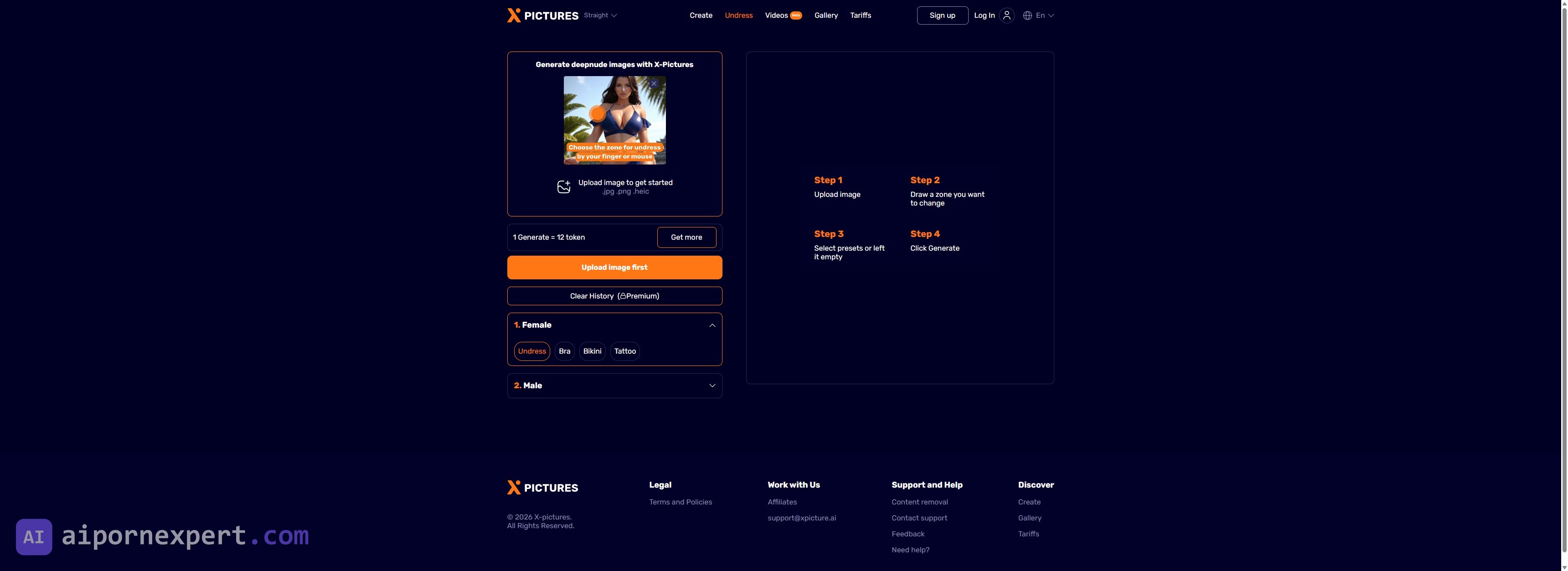 X-Pictures Undress page showing the DeepNude tool with upload zone and editing options